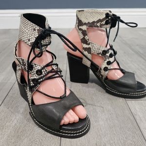 FREE PEOPLE Lennon Snake Print Block Heel Lace Up Bootie Sandals Black 37/US 7